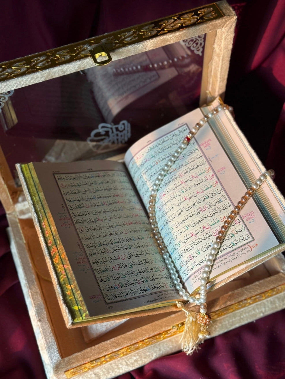 Nafees Quran set Golden Transparent ,Velvet Rahal, Velvet Box , Ittar , Tasbeeh , Counter , Prayer Mat