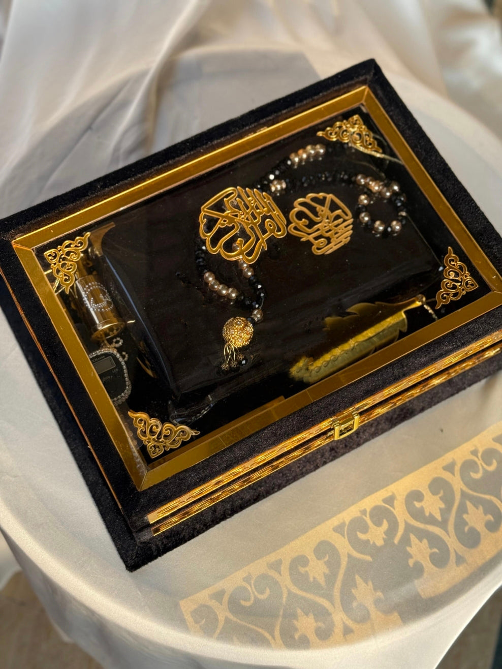Nafees Quran Set , Transparent Bridal Velvet Black Quran Set , ittar , Tasbeeh , velvet Rahal , Counter Tasbeeh , Book Mark , Matching Janamz
