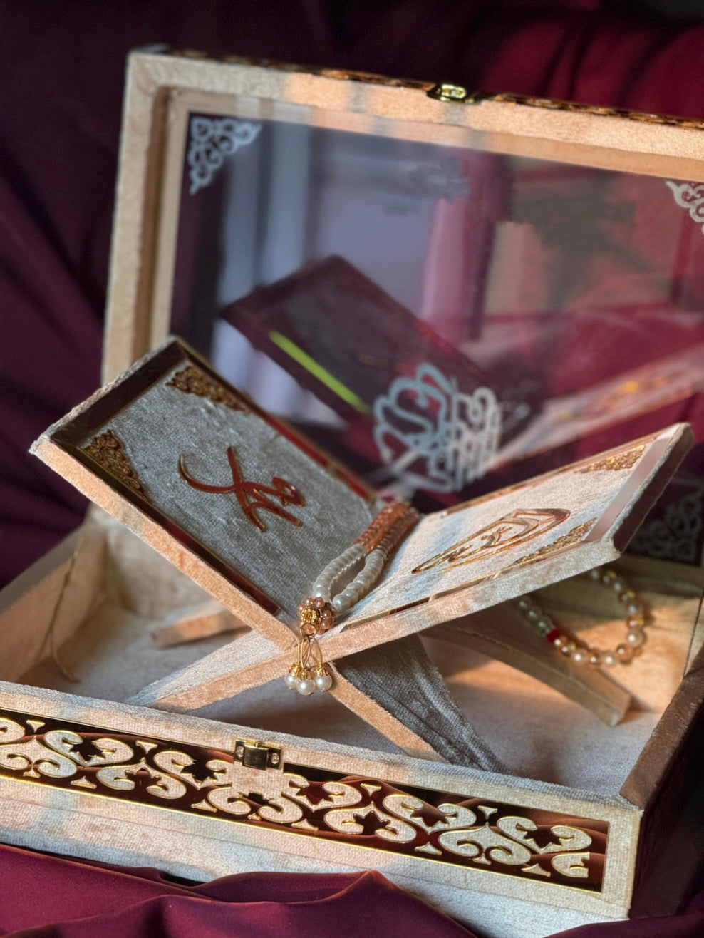 Nafees Quran set Golden Transparent ,Velvet Rahal, Velvet Box , Ittar , Tasbeeh , Counter , Prayer Mat