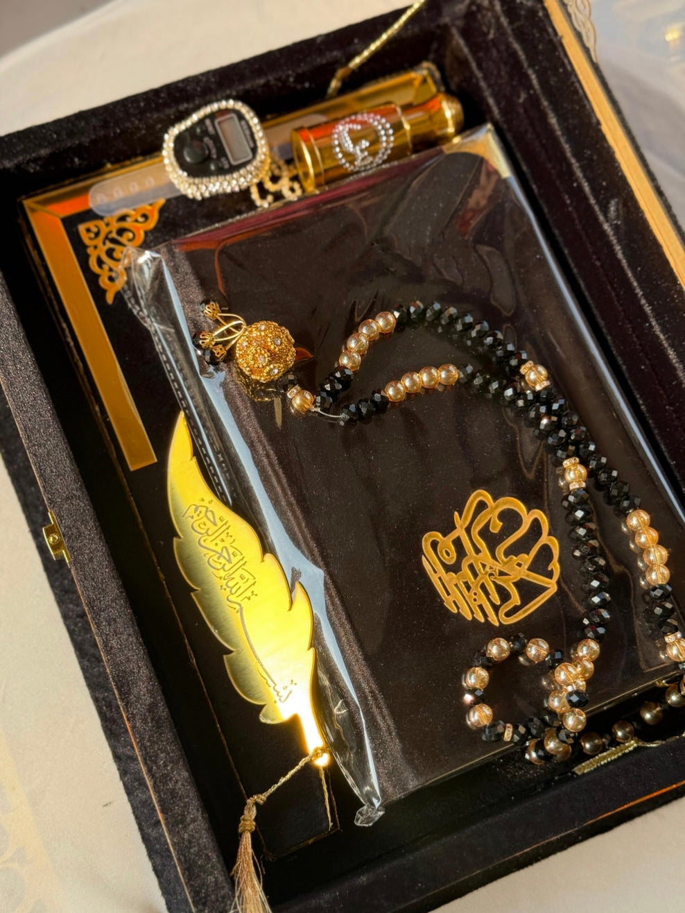 Nafees Quran Set , Transparent Bridal Velvet Black Quran Set , ittar , Tasbeeh , velvet Rahal , Counter Tasbeeh , Book Mark , Matching Janamz