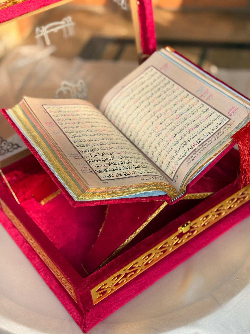 Nafees Quran Set , Transparent Bridal Velvet Red Quran Set , ittar , Tasbeeh , velvet Rahal , Counter Tasbeeh , Book Mark , Matching Janamz