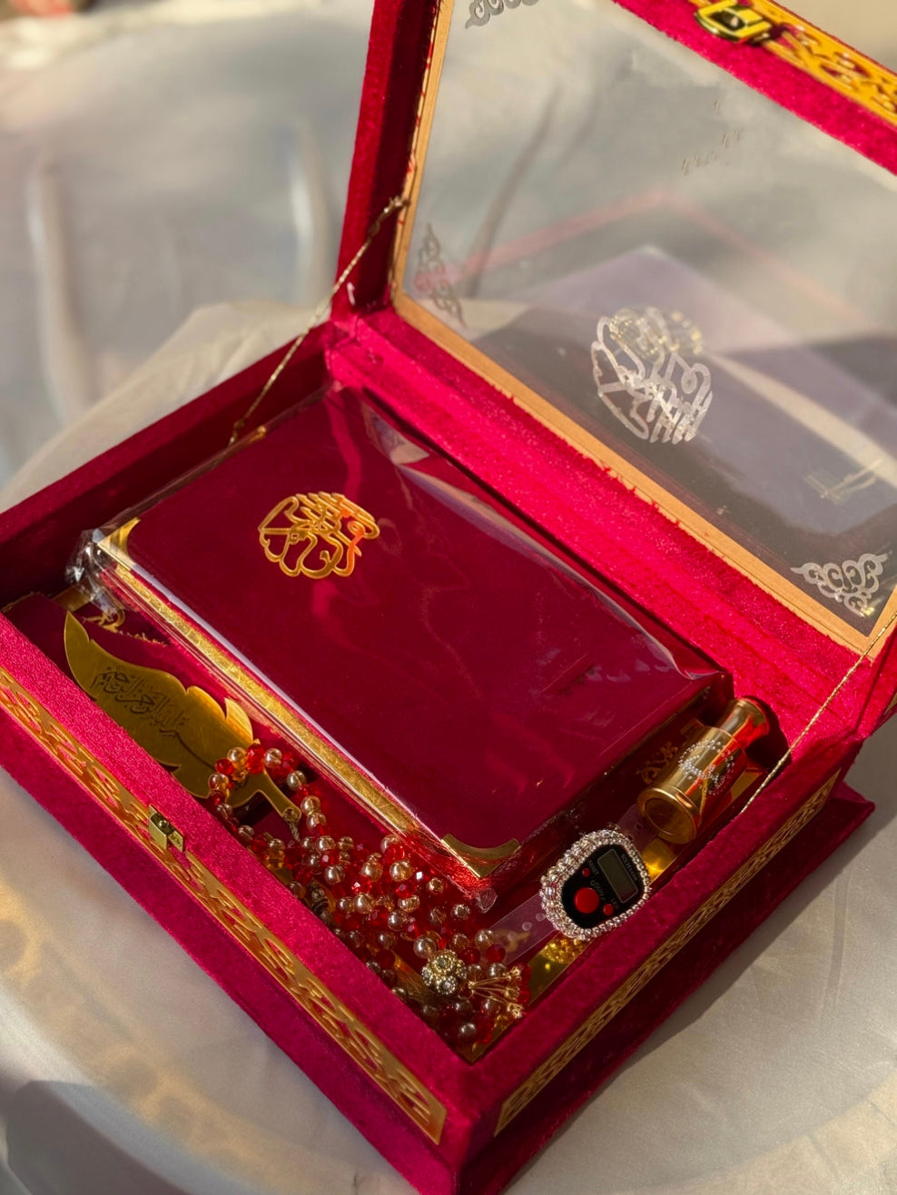 Nafees Quran Set , Transparent Bridal Velvet Red Quran Set , ittar , Tasbeeh , velvet Rahal , Counter Tasbeeh , Book Mark , Matching Janamz