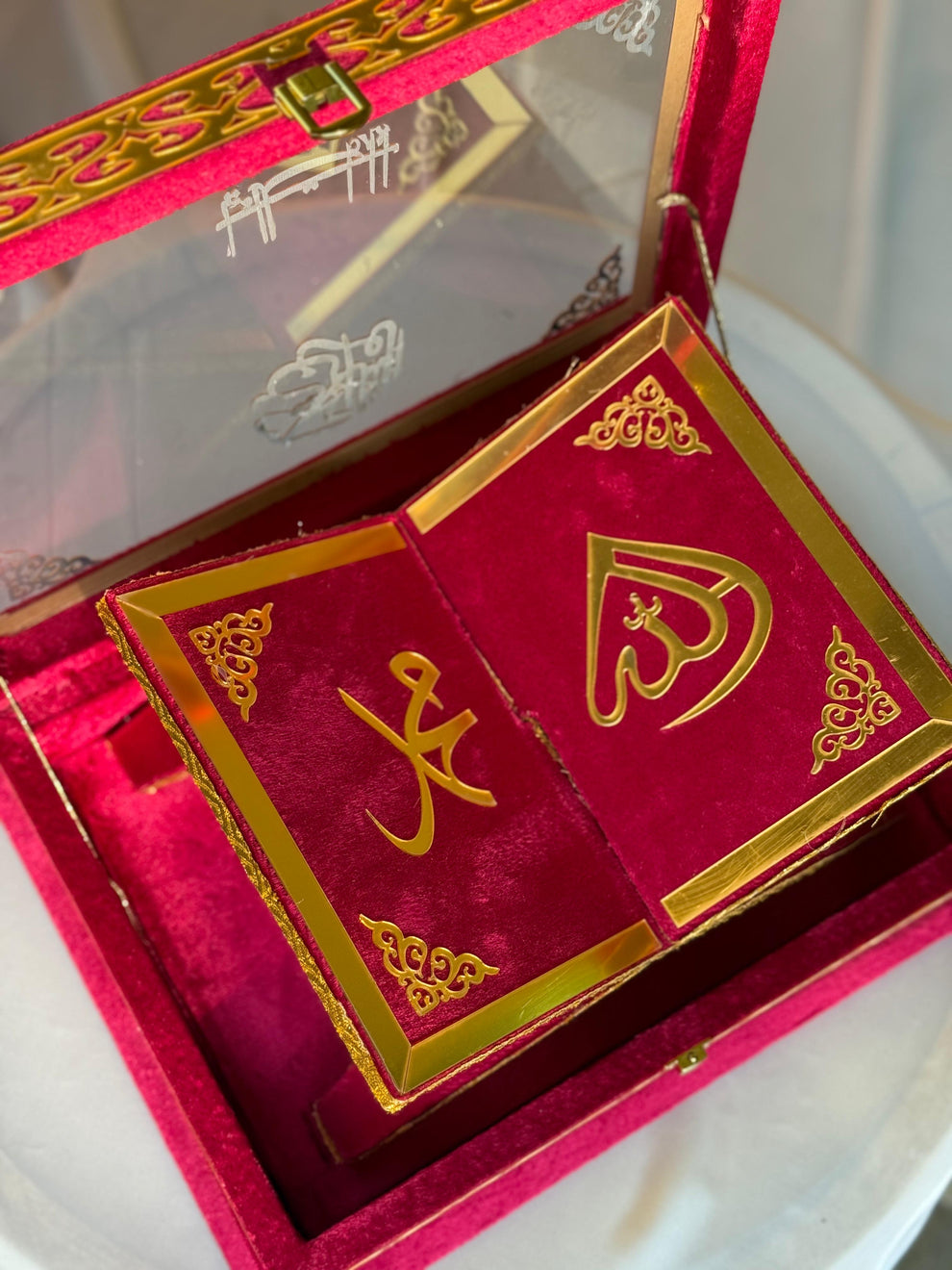 Nafees Quran Set , Transparent Bridal Velvet Red Quran Set , ittar , Tasbeeh , velvet Rahal , Counter Tasbeeh , Book Mark , Matching Janamz