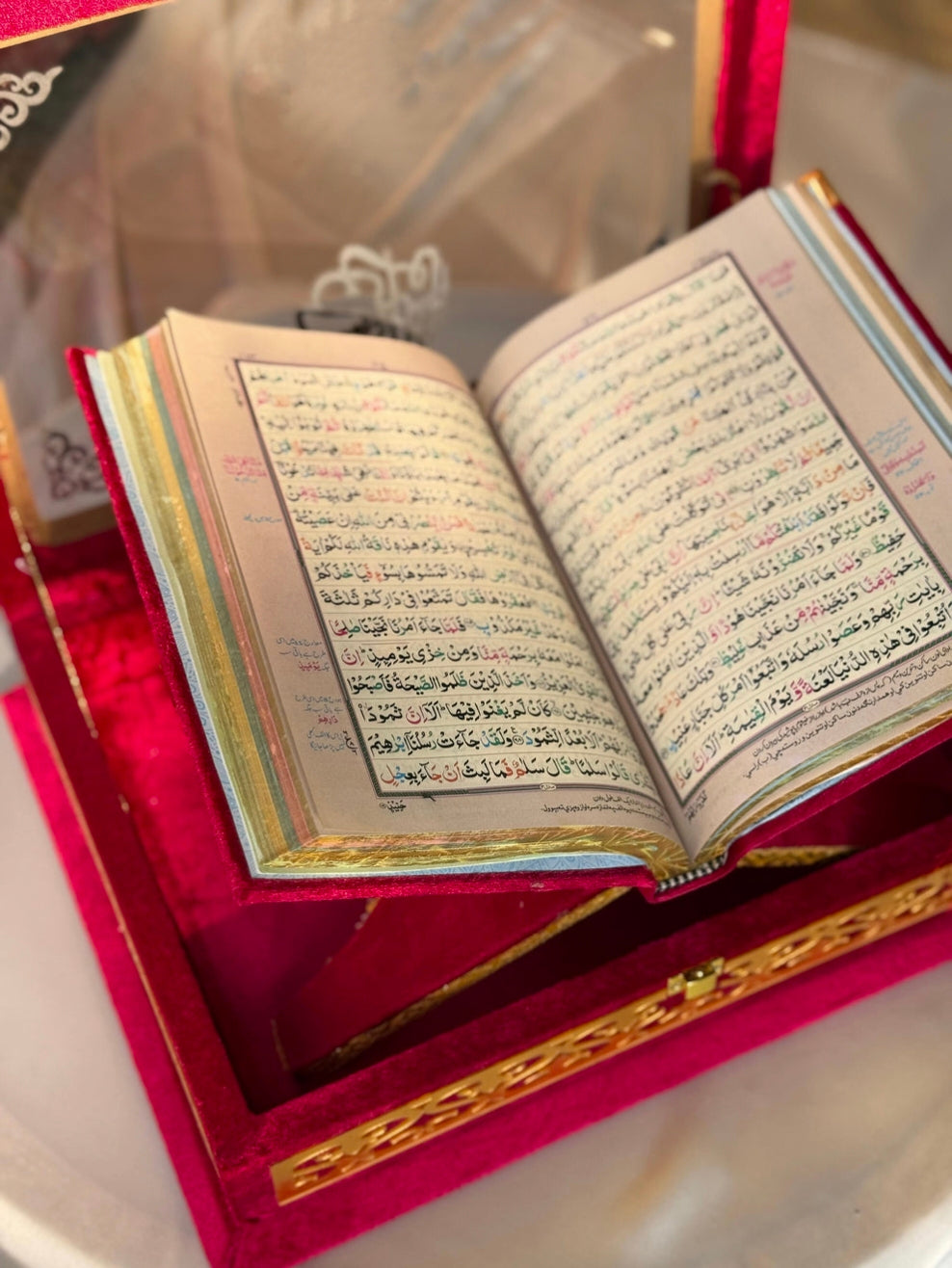 Nafees Quran Set , Transparent Bridal Velvet Red Quran Set , ittar , Tasbeeh , velvet Rahal , Counter Tasbeeh , Book Mark , Matching Janamz