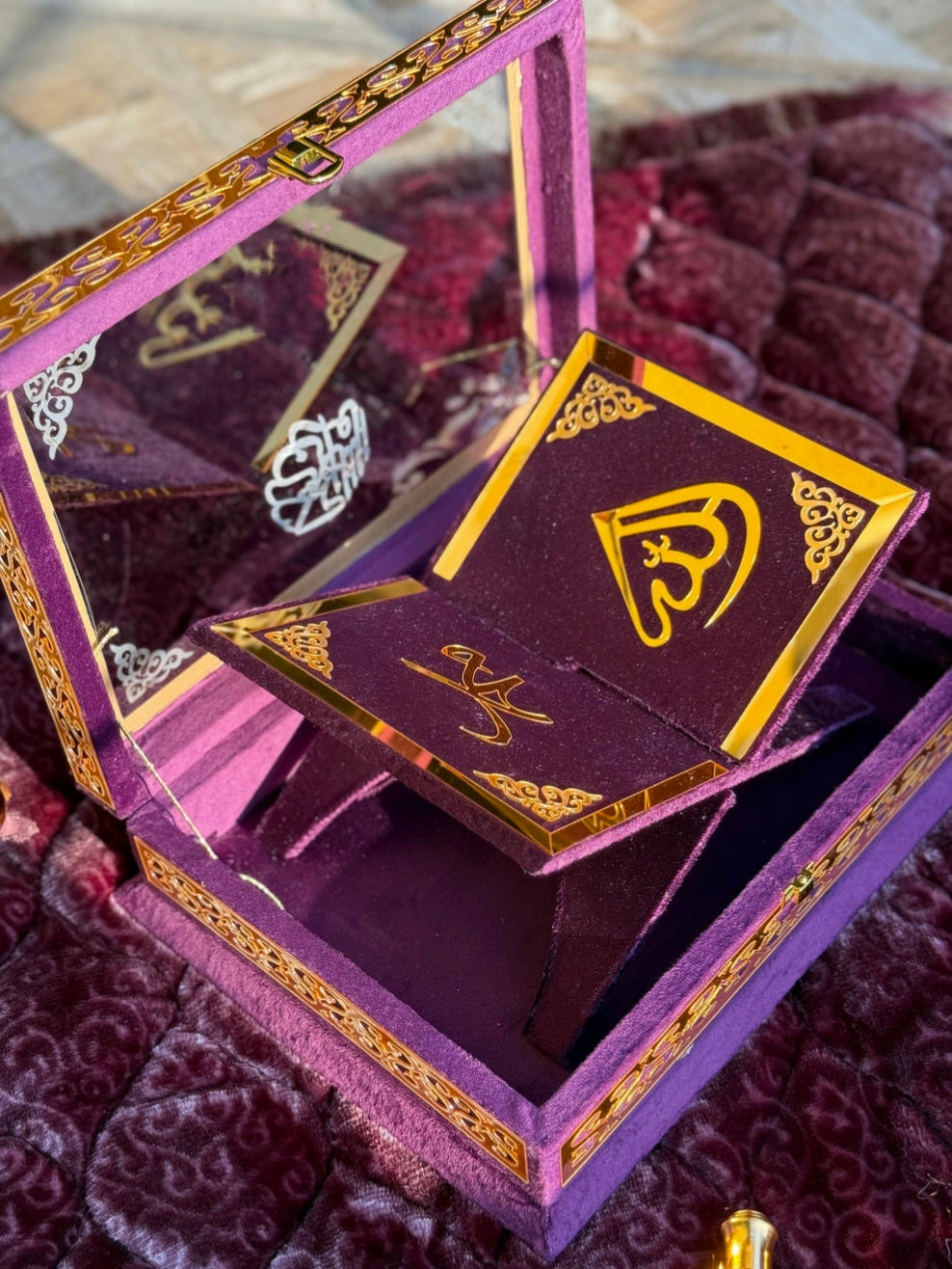 Nafees Quran Set Purple Transparent Set ,Velvet Rahal, Velvet Box , Ittar , Tasbeeh , Counter , Prayer Mat