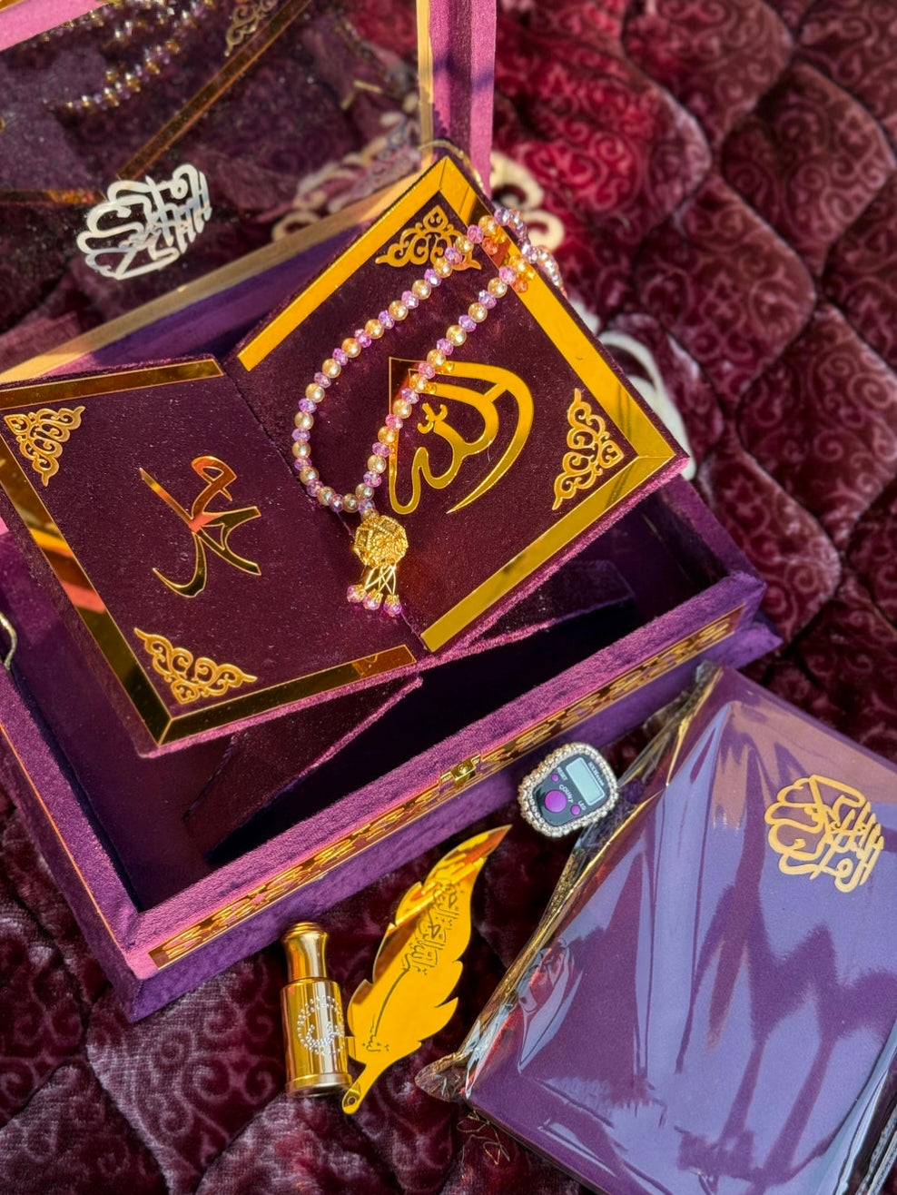 Nafees Quran Set Purple Transparent Set ,Velvet Rahal, Velvet Box , Ittar , Tasbeeh , Counter , Prayer Mat