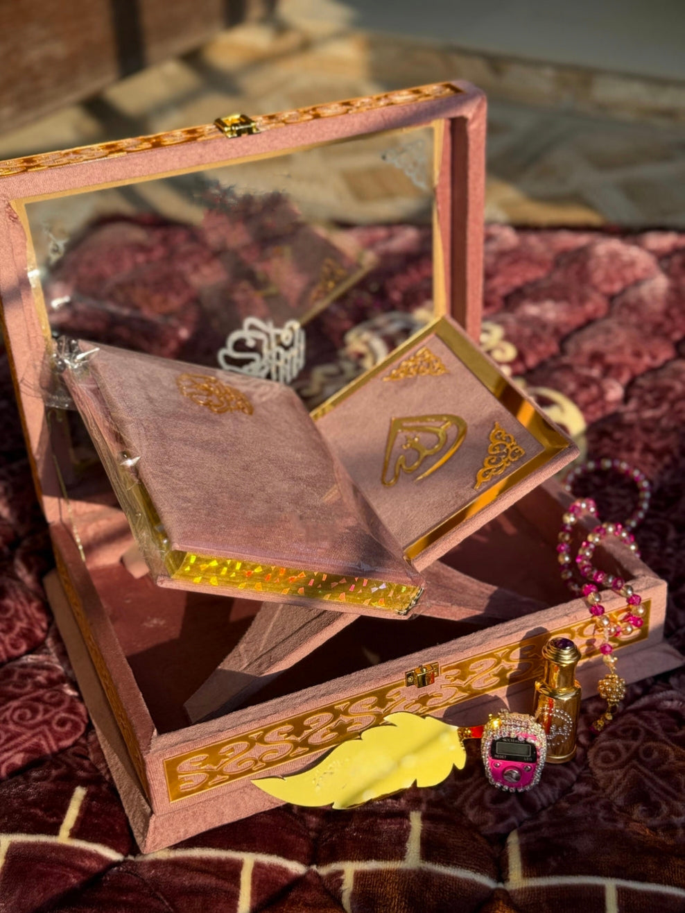 Nafees Quran set Pink Transparent ,Velvet Rahal, Velvet Box , Ittar , Tasbeeh , Counter , Prayer Mat