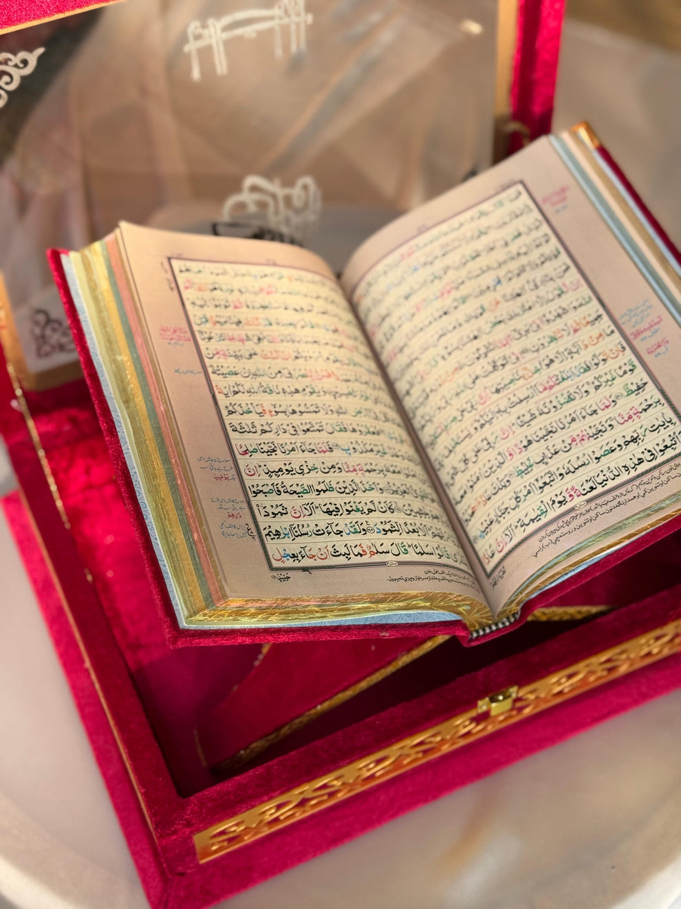 Nafees Quran Set , Transparent Bridal Velvet Red Quran Set , ittar , Tasbeeh , velvet Rahal , Counter Tasbeeh , Book Mark , Matching Janamz