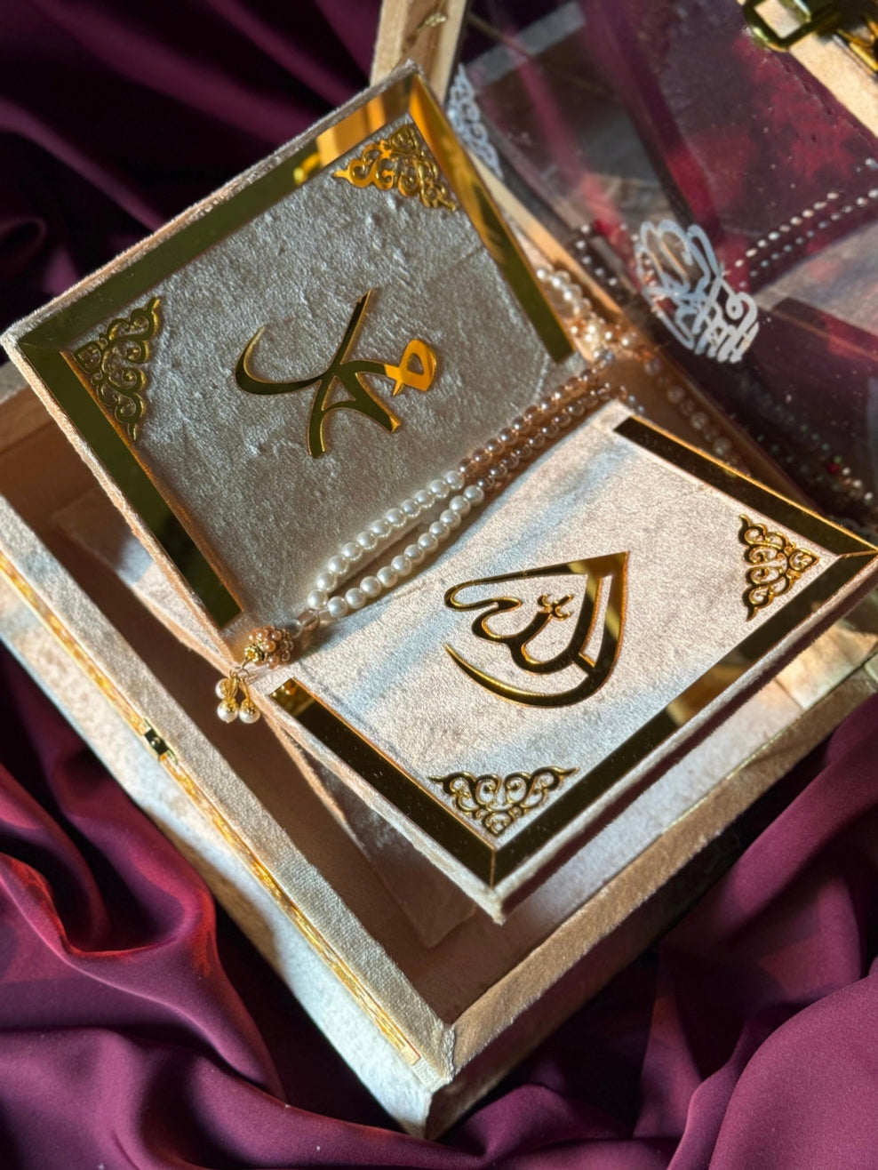Nafees Quran set Golden Transparent ,Velvet Rahal, Velvet Box , Ittar , Tasbeeh , Counter , Prayer Mat