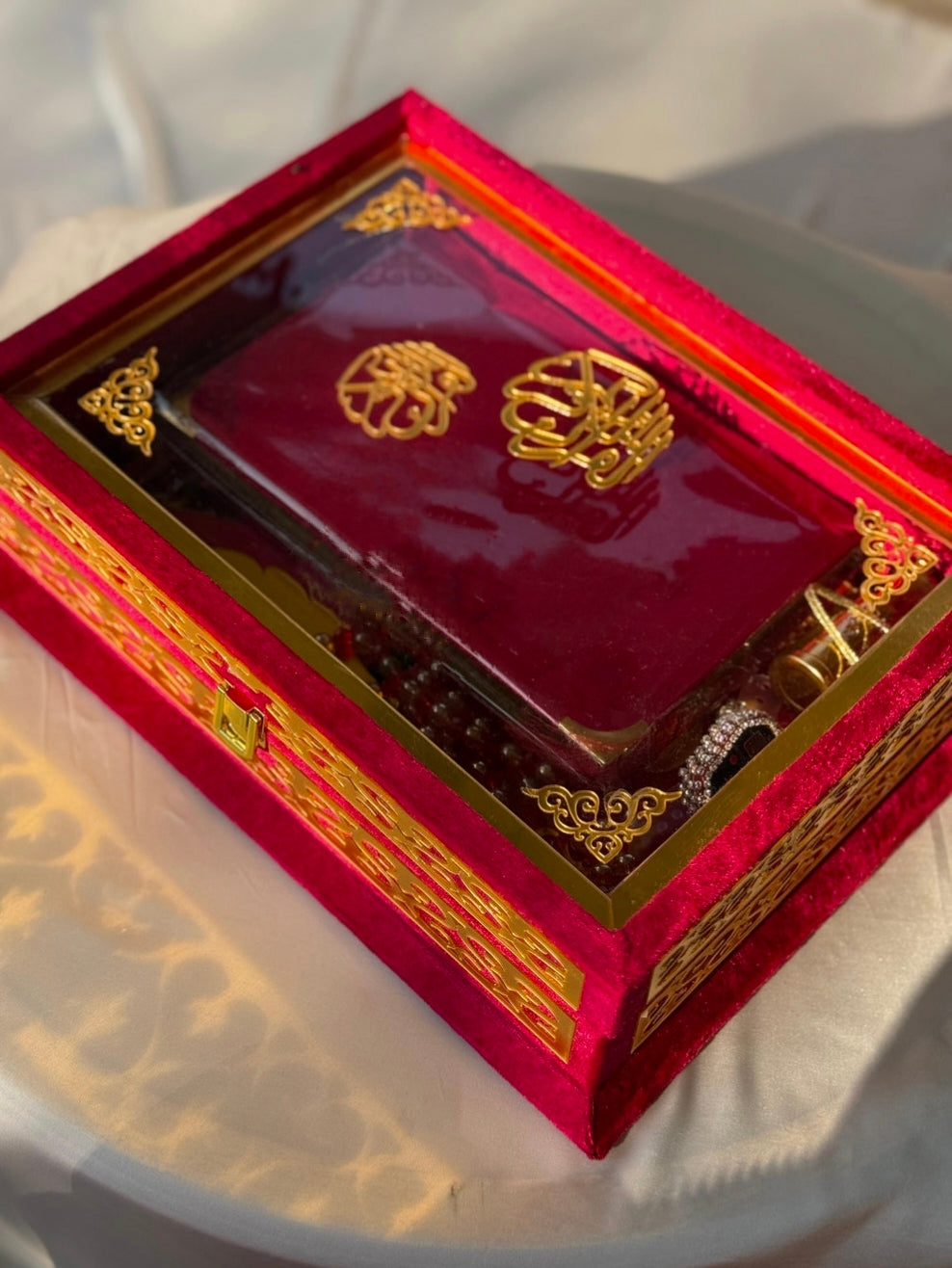 Nafees Quran Set , Transparent Bridal Velvet Red Quran Set , ittar , Tasbeeh , velvet Rahal , Counter Tasbeeh , Book Mark , Matching Janamz