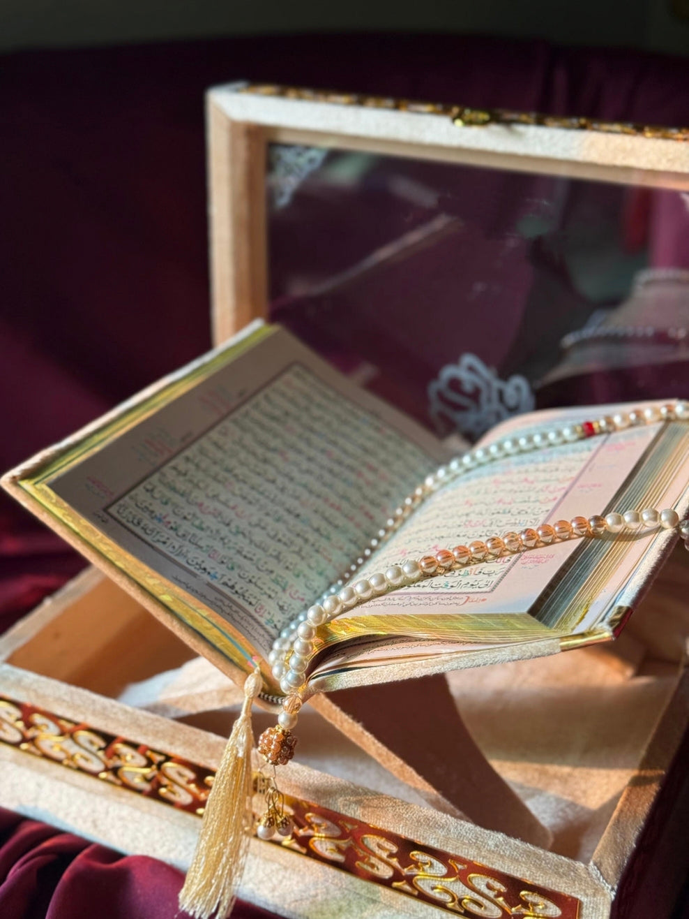 Nafees Quran set Golden Transparent ,Velvet Rahal, Velvet Box , Ittar , Tasbeeh , Counter , Prayer Mat