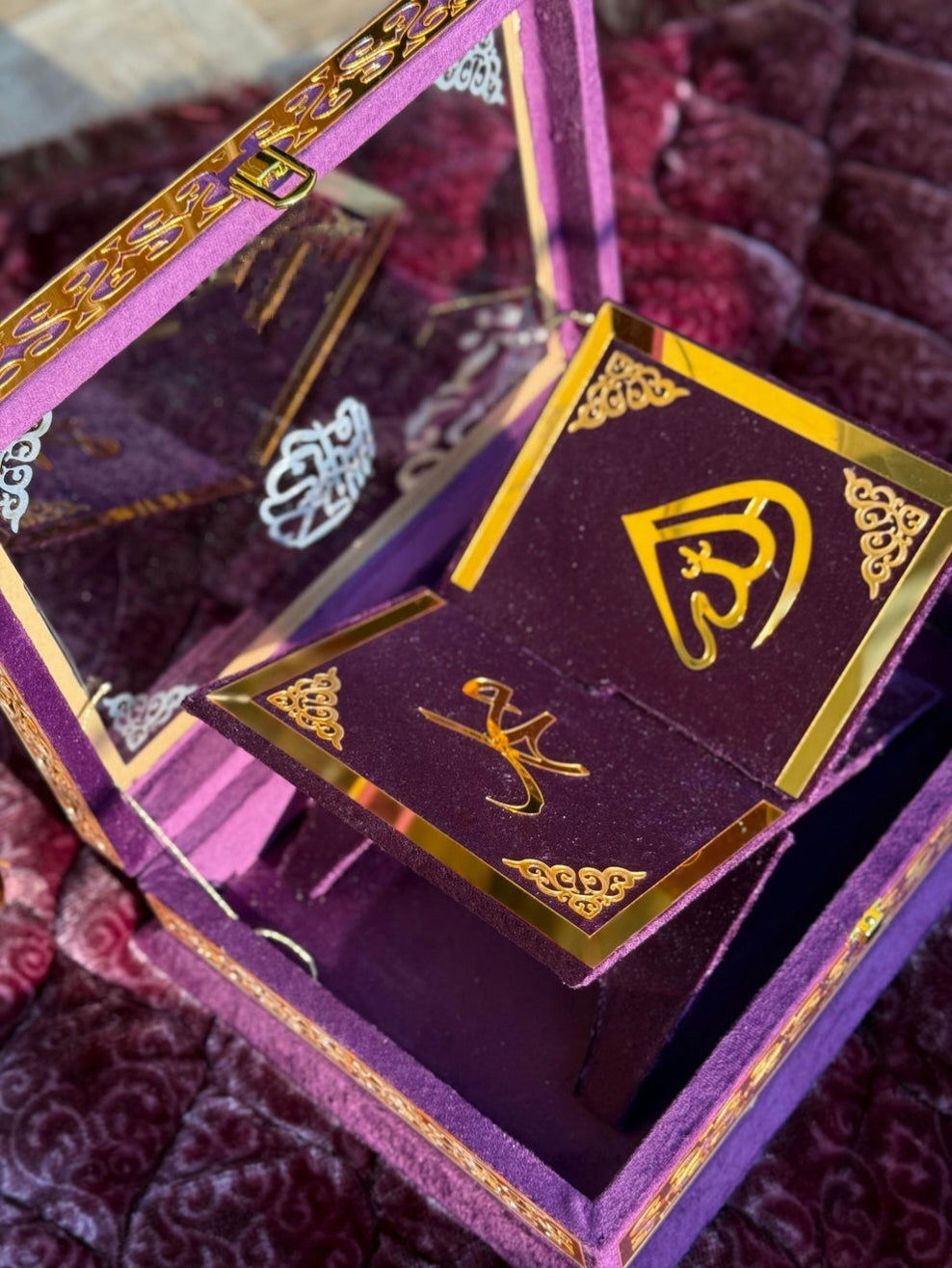 Nafees Quran Set Purple Transparent Set ,Velvet Rahal, Velvet Box , Ittar , Tasbeeh , Counter , Prayer Mat
