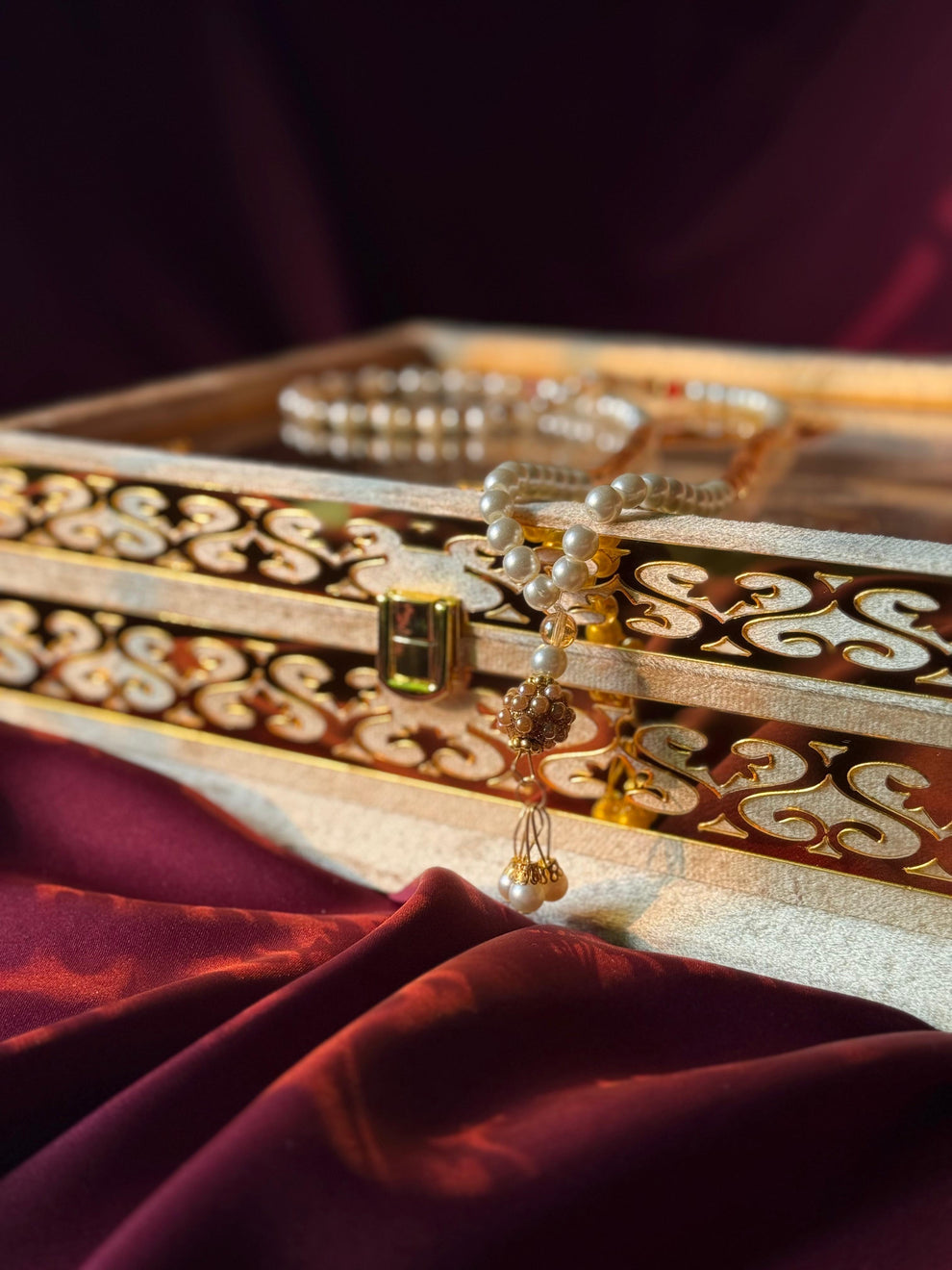 Nafees Quran set Golden Transparent ,Velvet Rahal, Velvet Box , Ittar , Tasbeeh , Counter , Prayer Mat