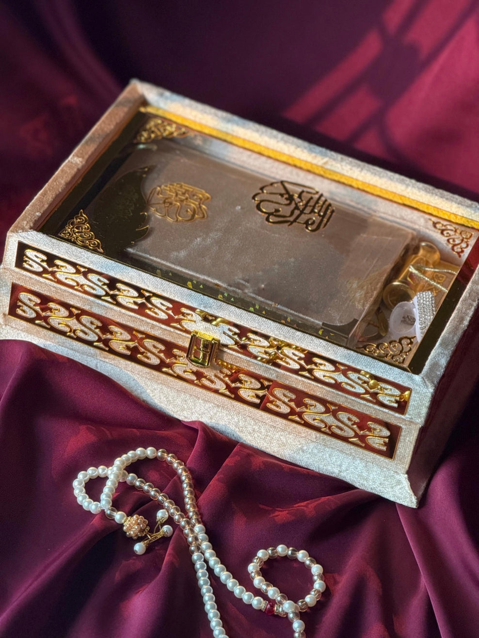Nafees Quran set Golden Transparent ,Velvet Rahal, Velvet Box , Ittar , Tasbeeh , Counter , Prayer Mat