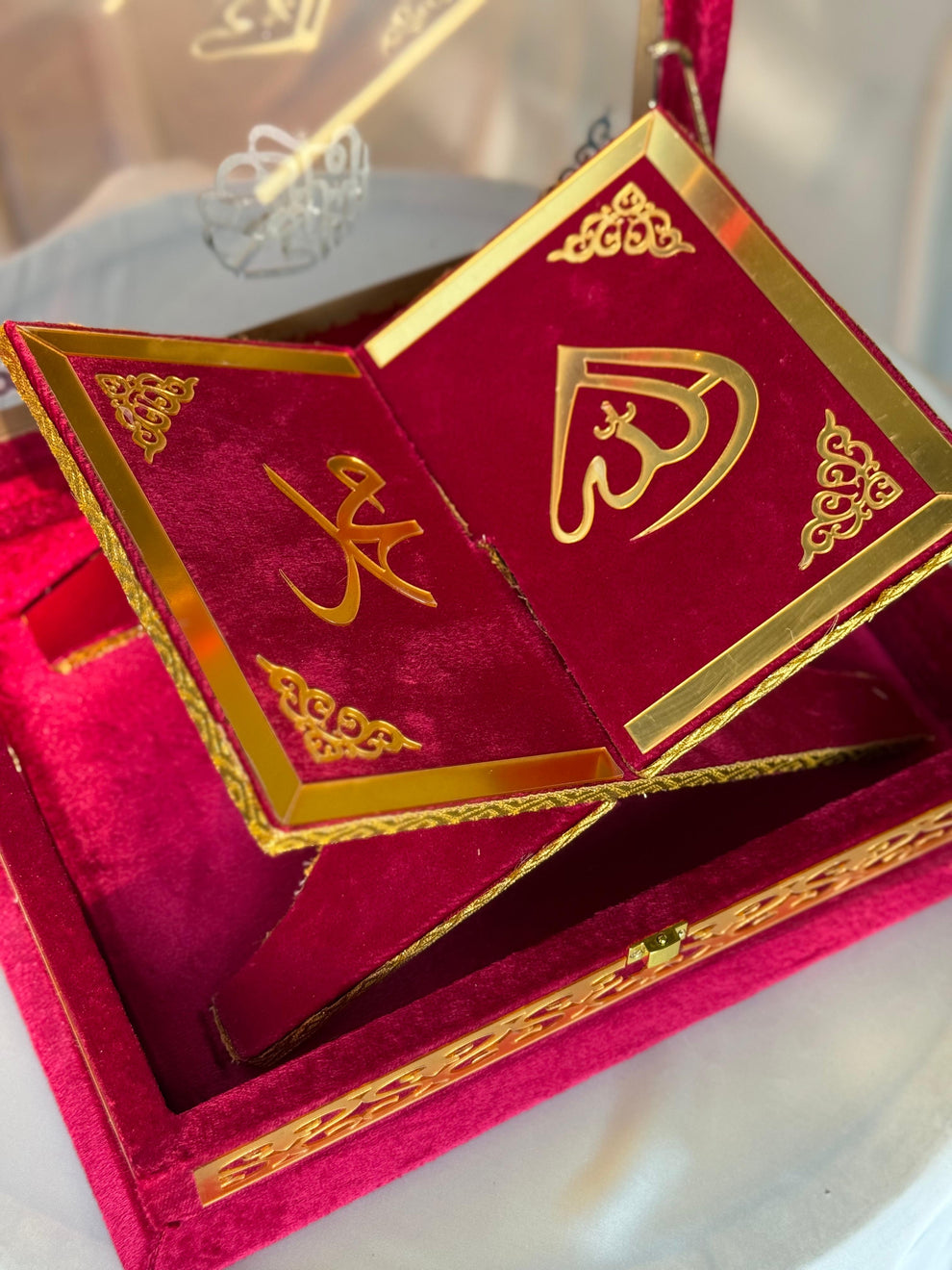 Nafees Quran Set , Transparent Bridal Velvet Red Quran Set , ittar , Tasbeeh , velvet Rahal , Counter Tasbeeh , Book Mark , Matching Janamz