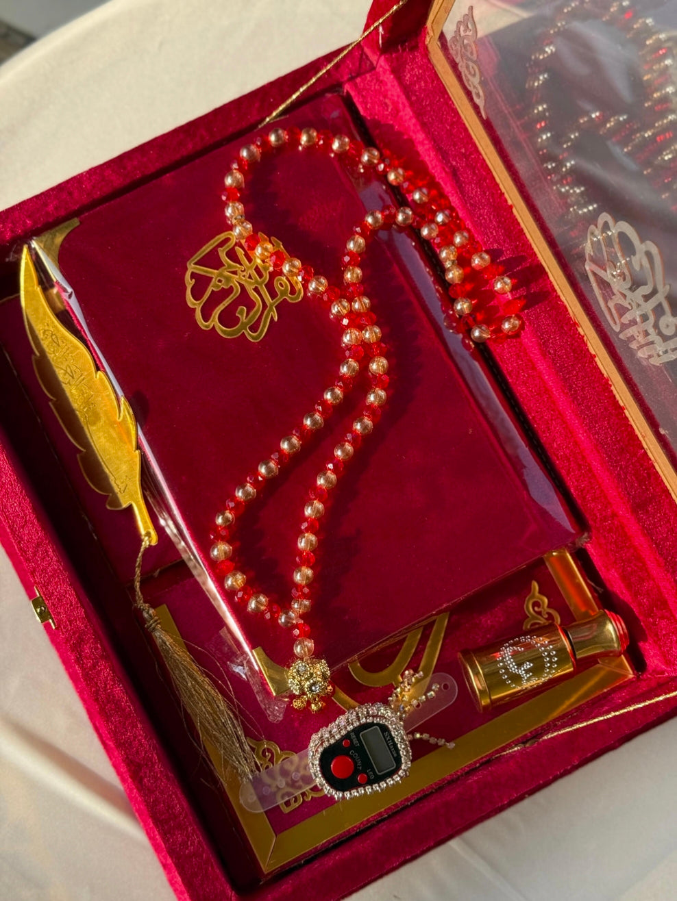 Nafees Quran Set , Transparent Bridal Velvet Red Quran Set , ittar , Tasbeeh , velvet Rahal , Counter Tasbeeh , Book Mark , Matching Janamz