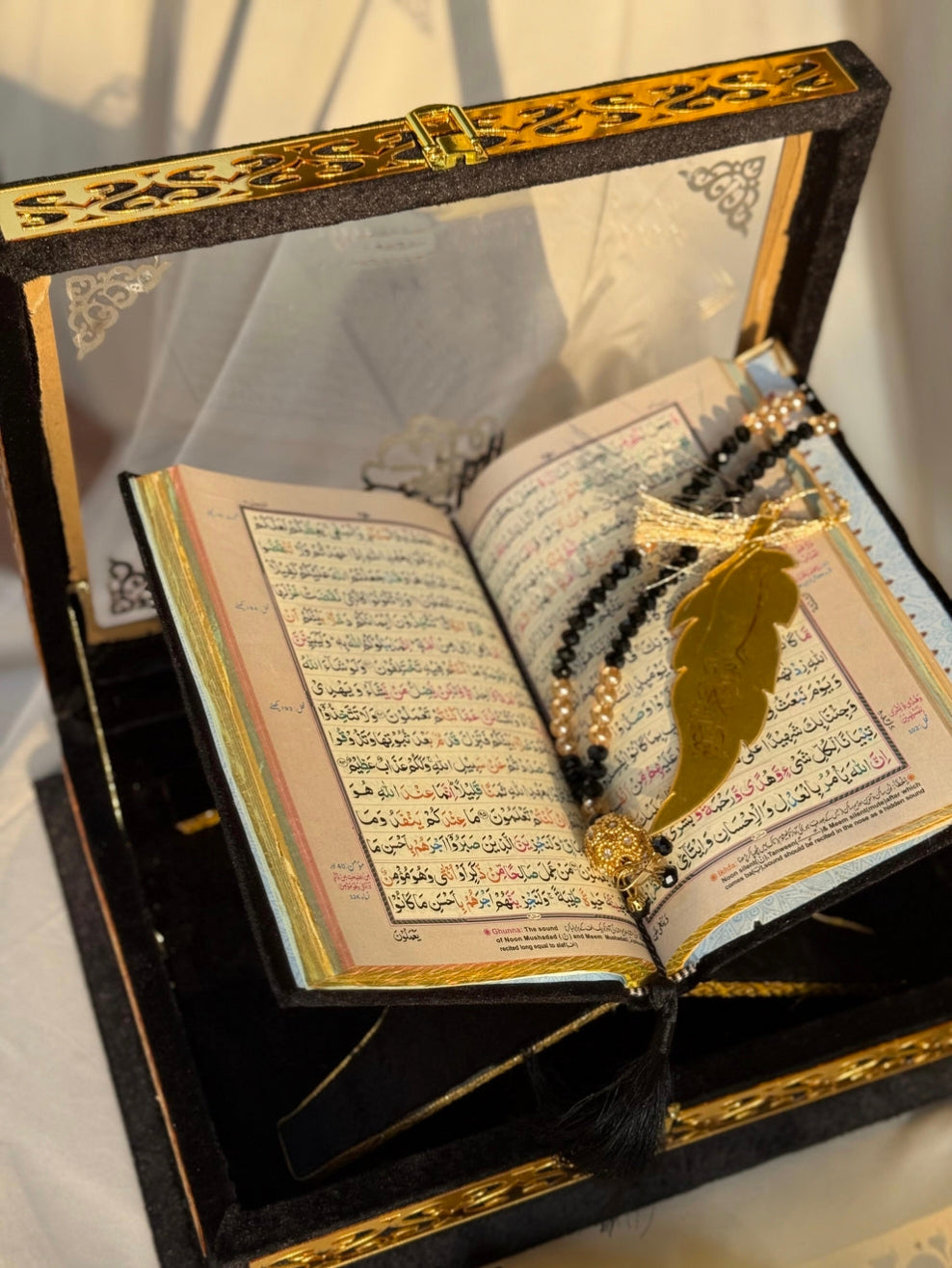 Nafees Quran Set , Transparent Bridal Velvet Black Quran Set , ittar , Tasbeeh , velvet Rahal , Counter Tasbeeh , Book Mark , Matching Janamz