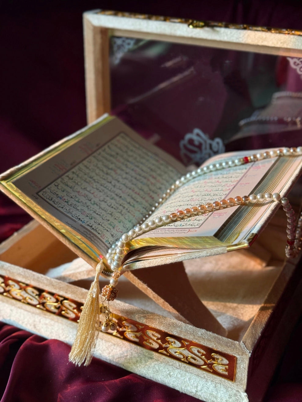 Nafees Quran set Golden Transparent ,Velvet Rahal, Velvet Box , Ittar , Tasbeeh , Counter , Prayer Mat