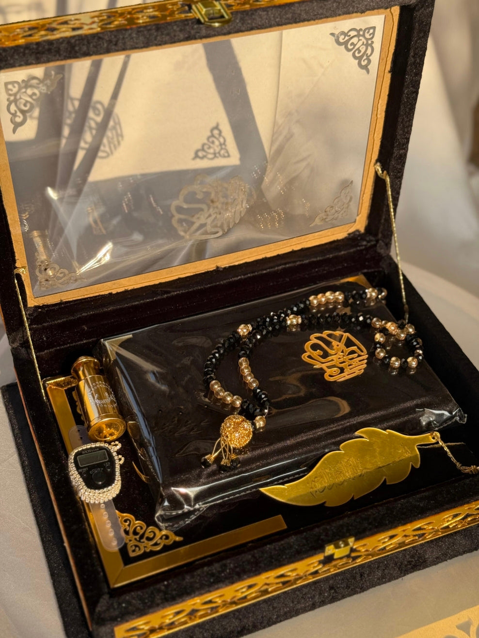 Nafees Quran Set , Transparent Bridal Velvet Black Quran Set , ittar , Tasbeeh , velvet Rahal , Counter Tasbeeh , Book Mark , Matching Janamz