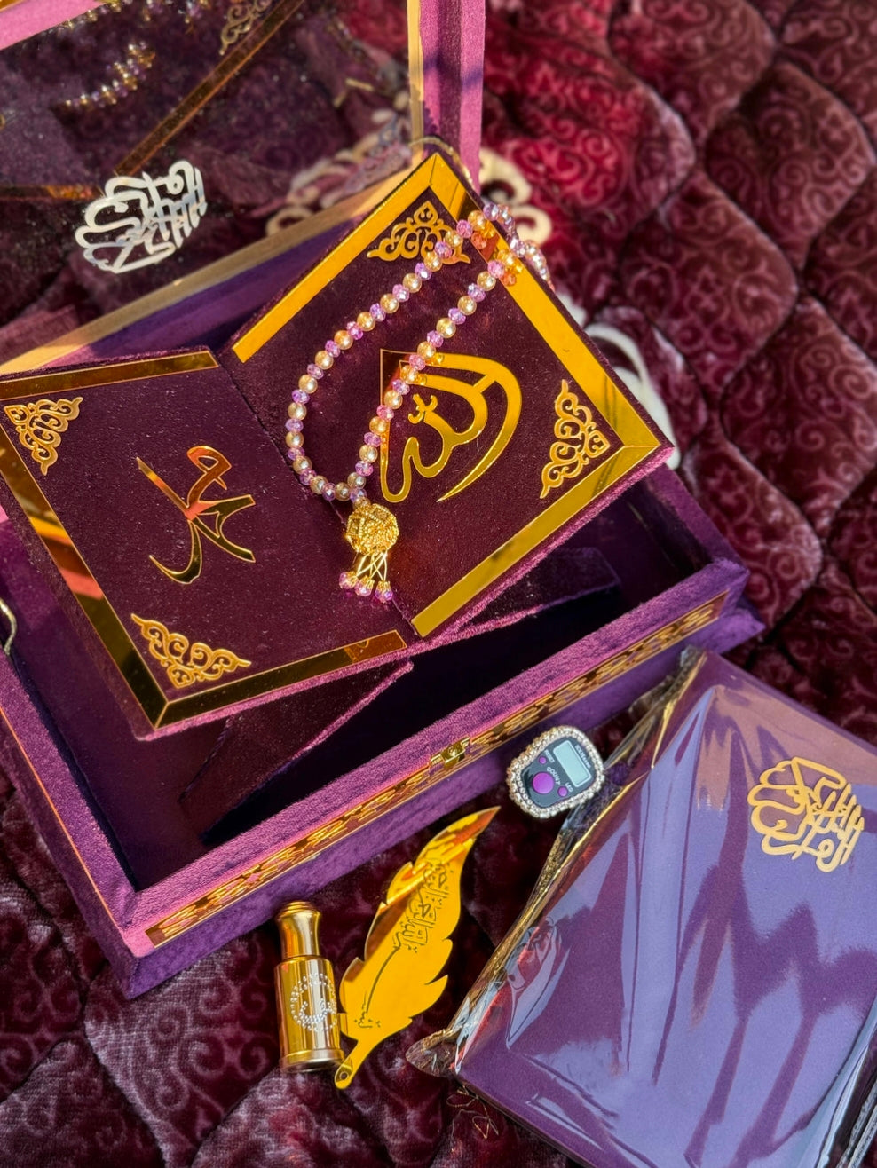 Nafees Quran Set Purple Transparent Set ,Velvet Rahal, Velvet Box , Ittar , Tasbeeh , Counter , Prayer Mat