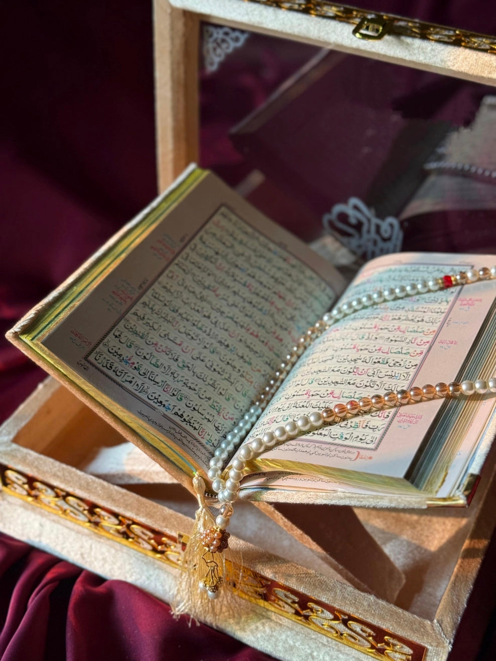 Nafees Quran set Golden Transparent ,Velvet Rahal, Velvet Box , Ittar , Tasbeeh , Counter , Prayer Mat
