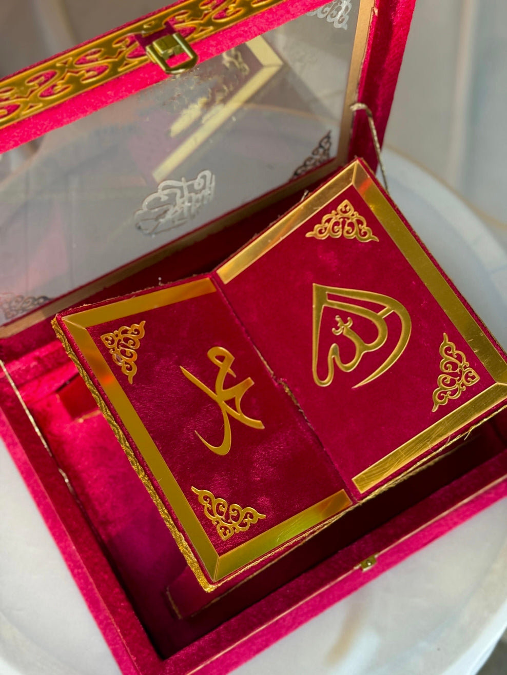 Nafees Quran Set , Transparent Bridal Velvet Red Quran Set , ittar , Tasbeeh , velvet Rahal , Counter Tasbeeh , Book Mark , Matching Janamz
