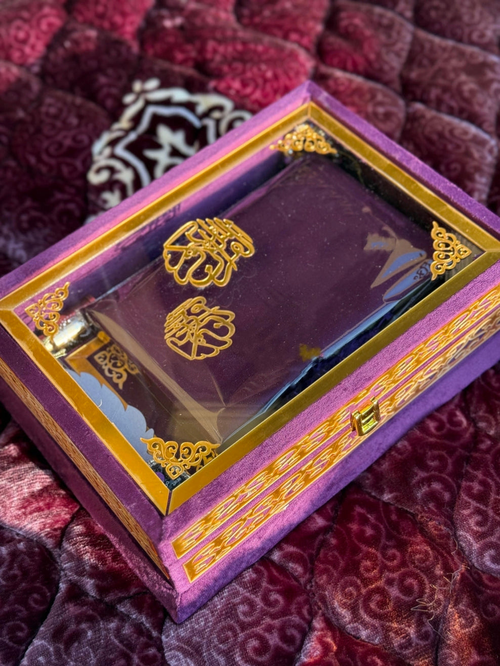 Nafees Quran Set Purple Transparent Set ,Velvet Rahal, Velvet Box , Ittar , Tasbeeh , Counter , Prayer Mat