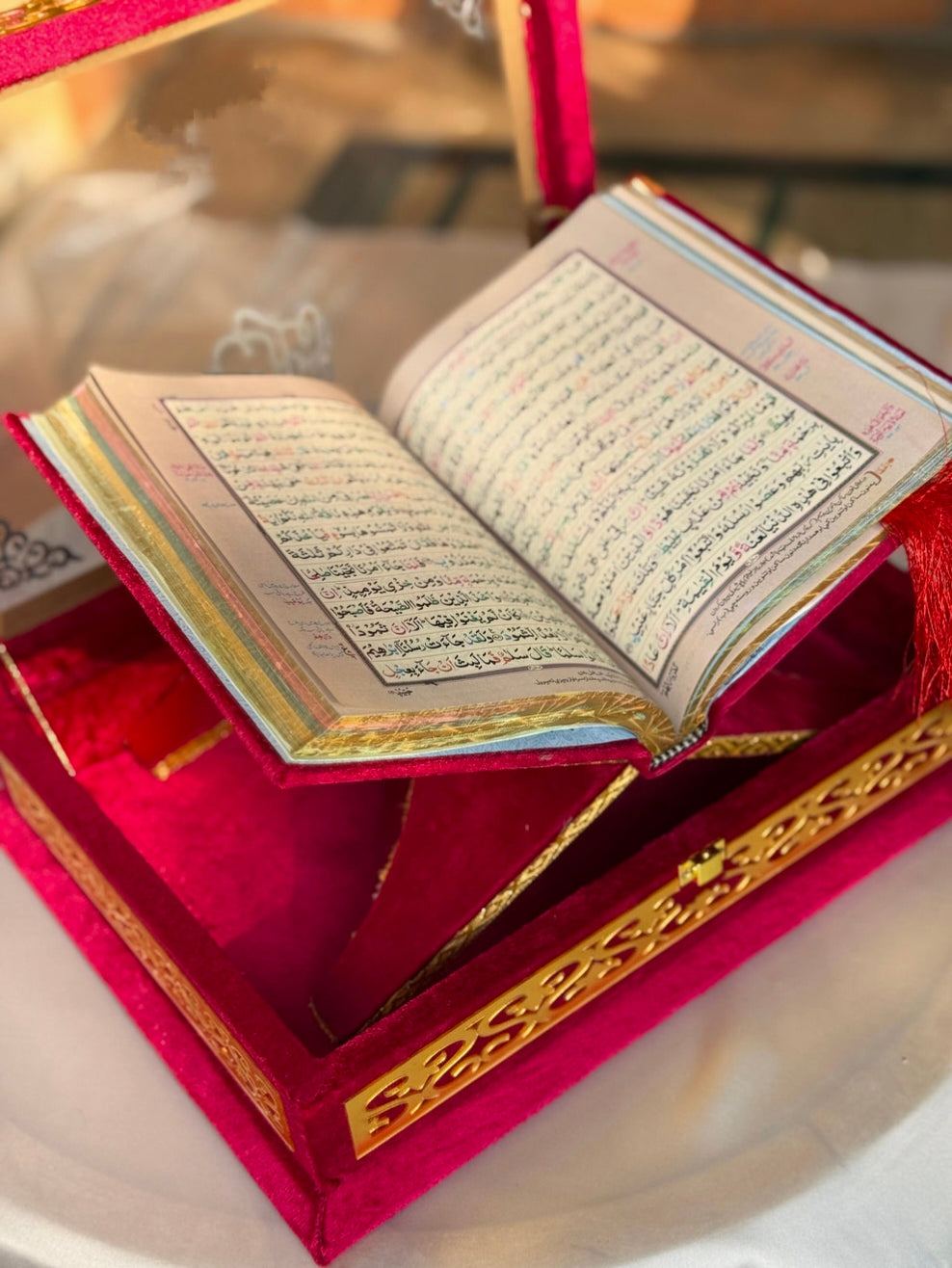 Nafees Quran Set , Transparent Bridal Velvet Red Quran Set , ittar , Tasbeeh , velvet Rahal , Counter Tasbeeh , Book Mark , Matching Janamz