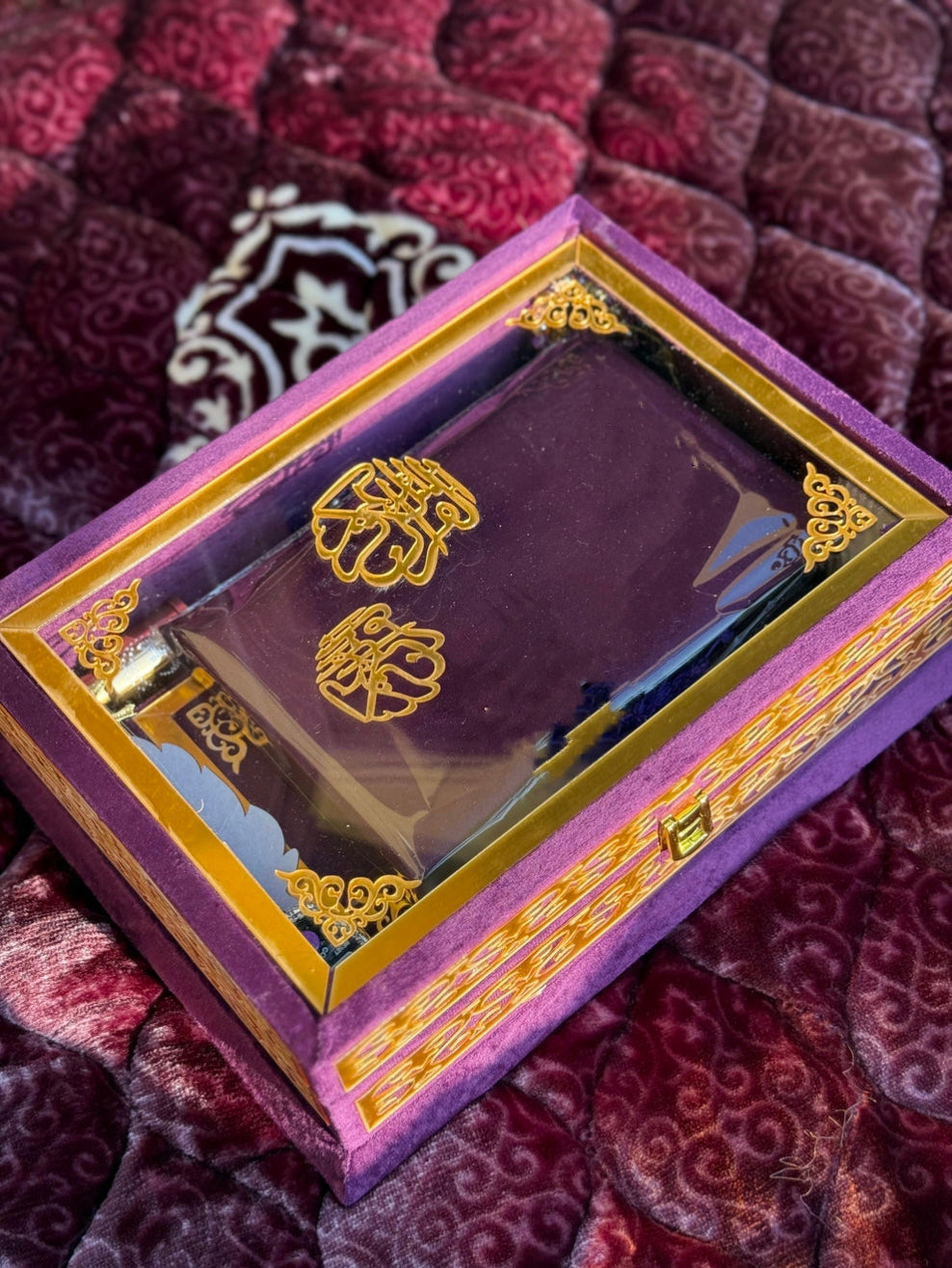 Nafees Quran Set Purple Transparent Set ,Velvet Rahal, Velvet Box , Ittar , Tasbeeh , Counter , Prayer Mat