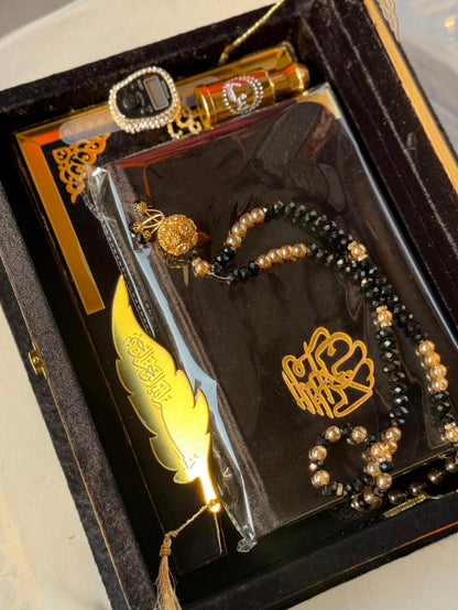Nafees Quran Set , Transparent Bridal Velvet Black Quran Set , ittar , Tasbeeh , velvet Rahal , Counter Tasbeeh , Book Mark , Matching Janamz