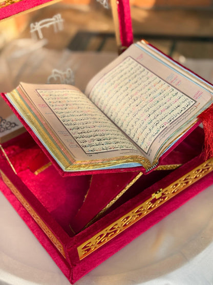 Nafees Quran Set , Transparent Bridal Velvet Red Quran Set , ittar , Tasbeeh , velvet Rahal , Counter Tasbeeh , Book Mark , Matching Janamz
