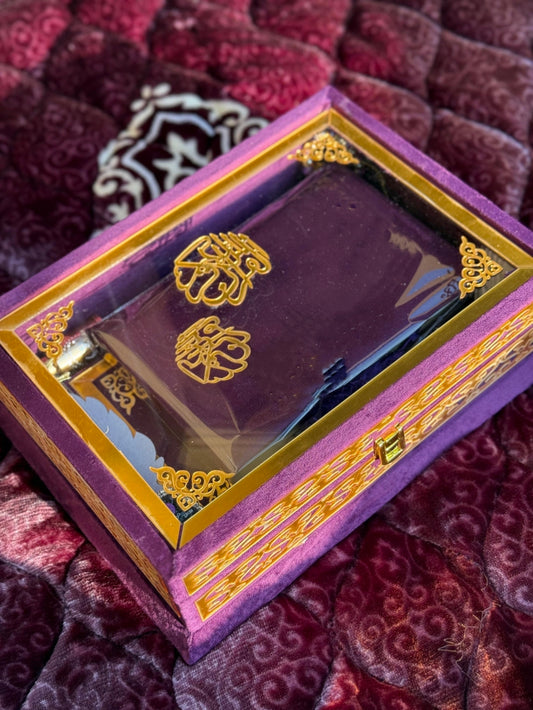 Nafees Quran Set Purple Transparent Set ,Velvet Rahal, Velvet Box , Ittar , Tasbeeh , Counter , Prayer Mat