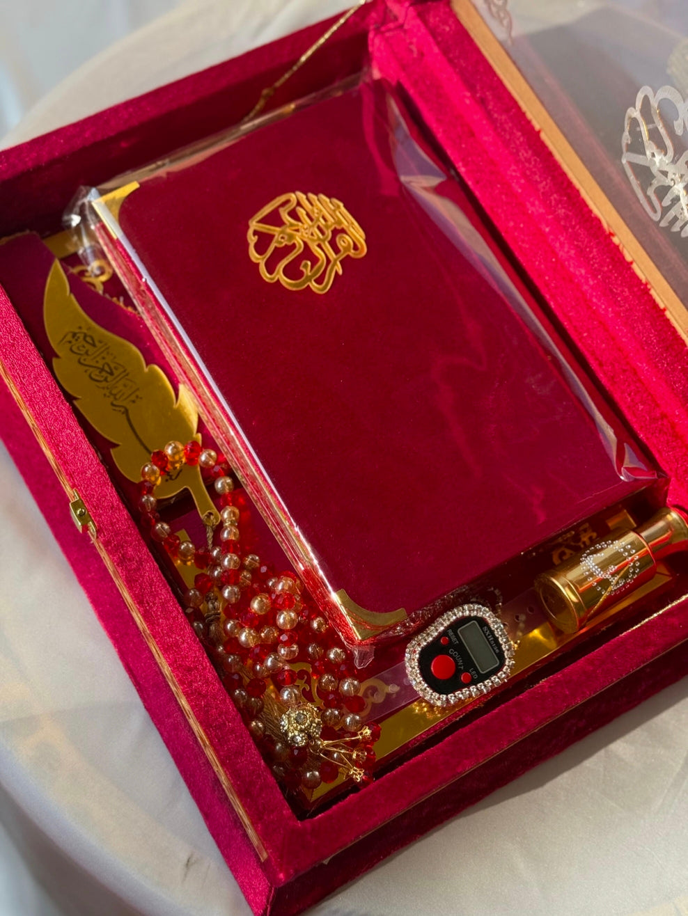 Nafees Quran Set , Transparent Bridal Velvet Red Quran Set , ittar , Tasbeeh , velvet Rahal , Counter Tasbeeh , Book Mark , Matching Janamz