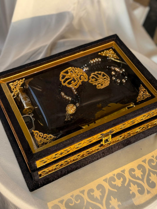 Nafees Quran Set , Transparent Bridal Velvet Black Quran Set , ittar , Tasbeeh , velvet Rahal , Counter Tasbeeh , Book Mark , Matching Janamz