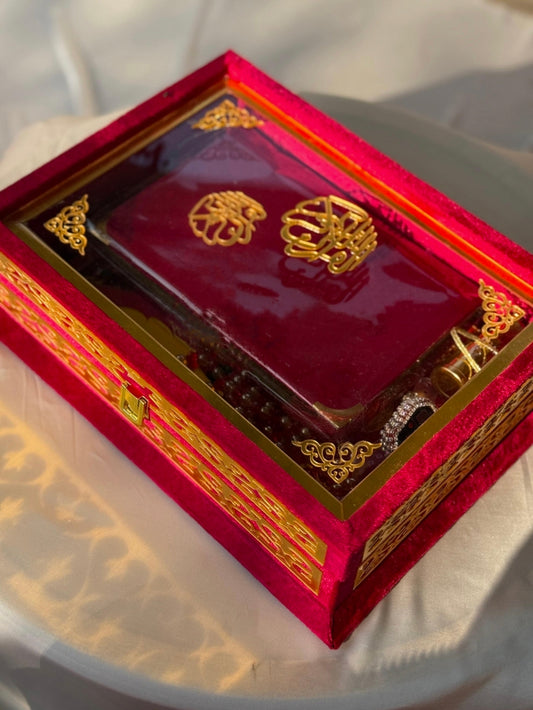 Nafees Quran Set , Transparent Bridal Velvet Red Quran Set , ittar , Tasbeeh , velvet Rahal , Counter Tasbeeh , Book Mark , Matching Janamz