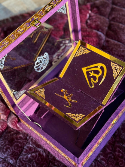 Nafees Quran Set Purple Transparent Set ,Velvet Rahal, Velvet Box , Ittar , Tasbeeh , Counter , Prayer Mat
