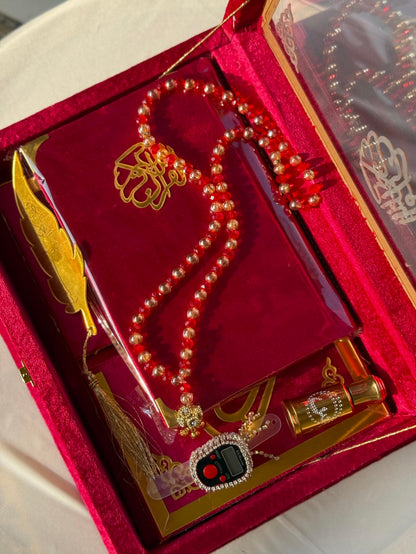 Nafees Quran Set , Transparent Bridal Velvet Red Quran Set , ittar , Tasbeeh , velvet Rahal , Counter Tasbeeh , Book Mark , Matching Janamz
