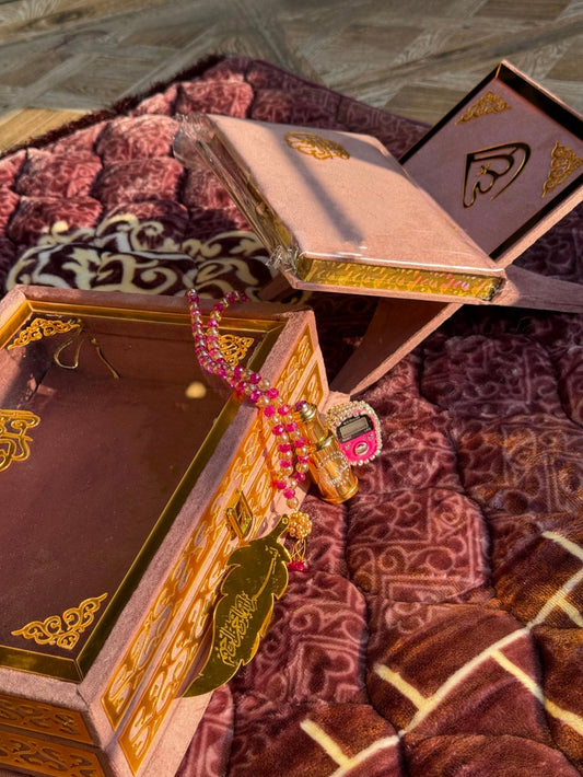 Nafees Quran set Pink Transparent ,Velvet Rahal, Velvet Box , Ittar , Tasbeeh , Counter , Prayer Mat